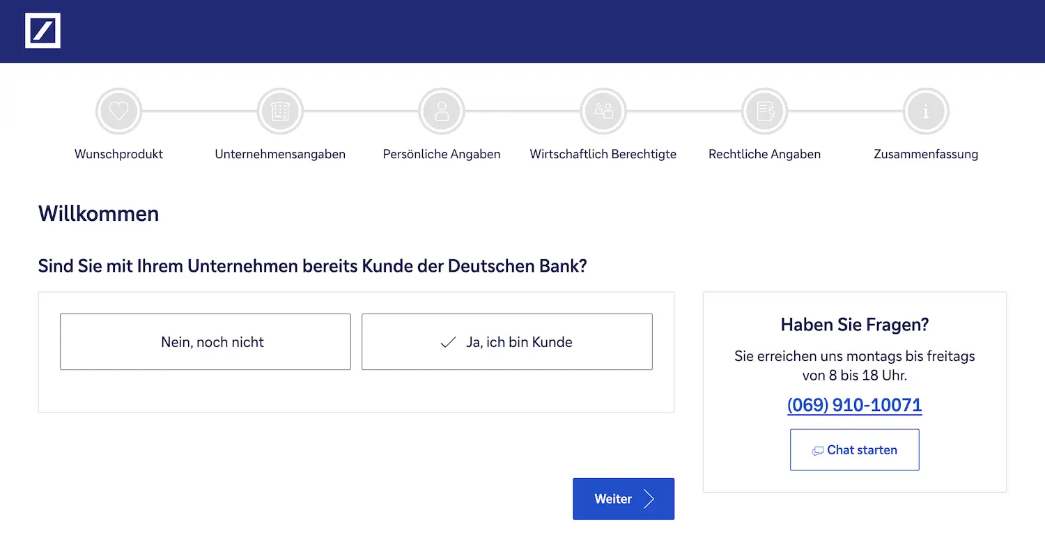 Deutsche Bank Online-Antragsstrecke Geschäftskonto