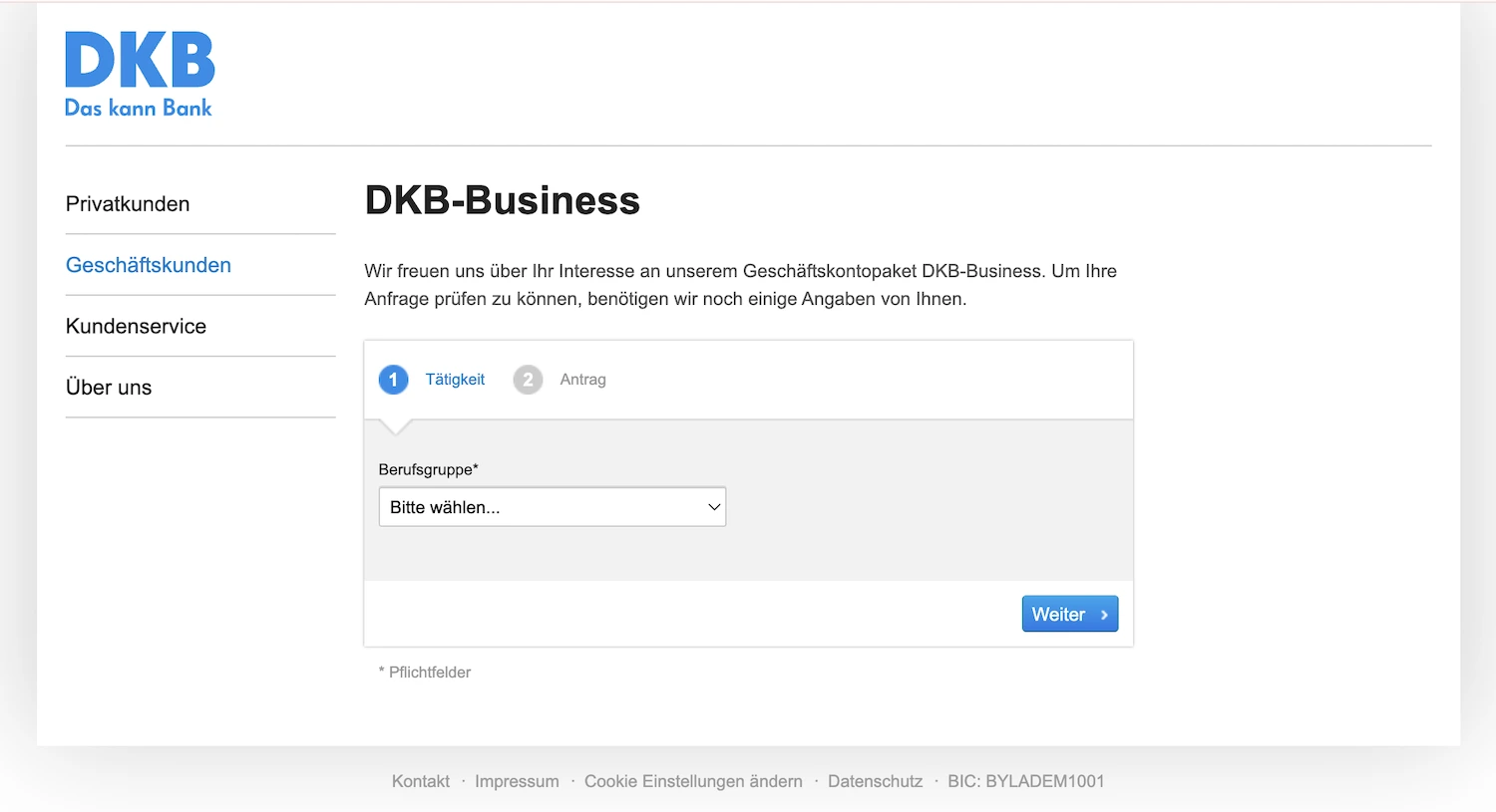 Screenshot: DKB Business Online-Antragsstrecke zur Kontoeroeffnung