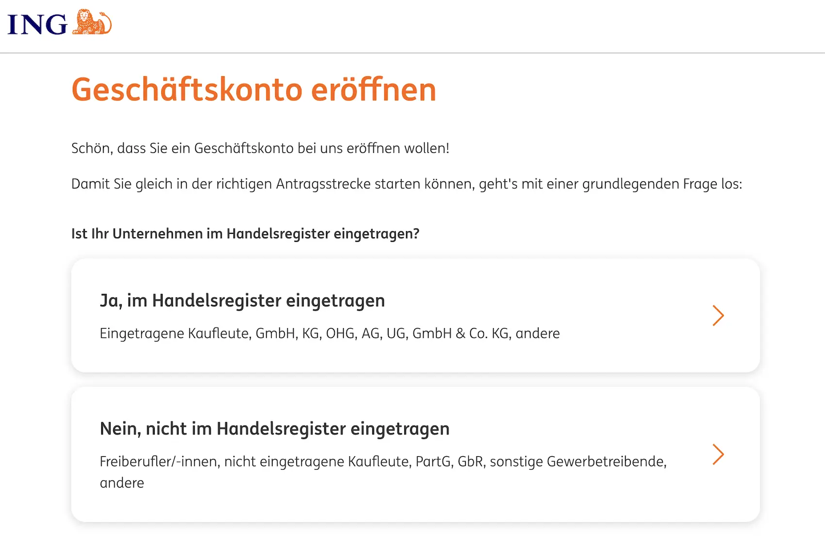 Screenshot: ING Geschaeftskontoeroeffnung