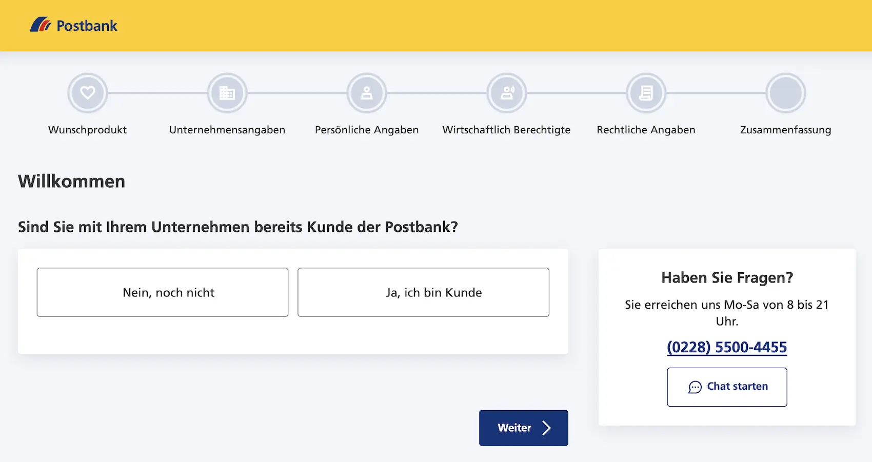 Screenshot: Postbank Kontoeroeffnung