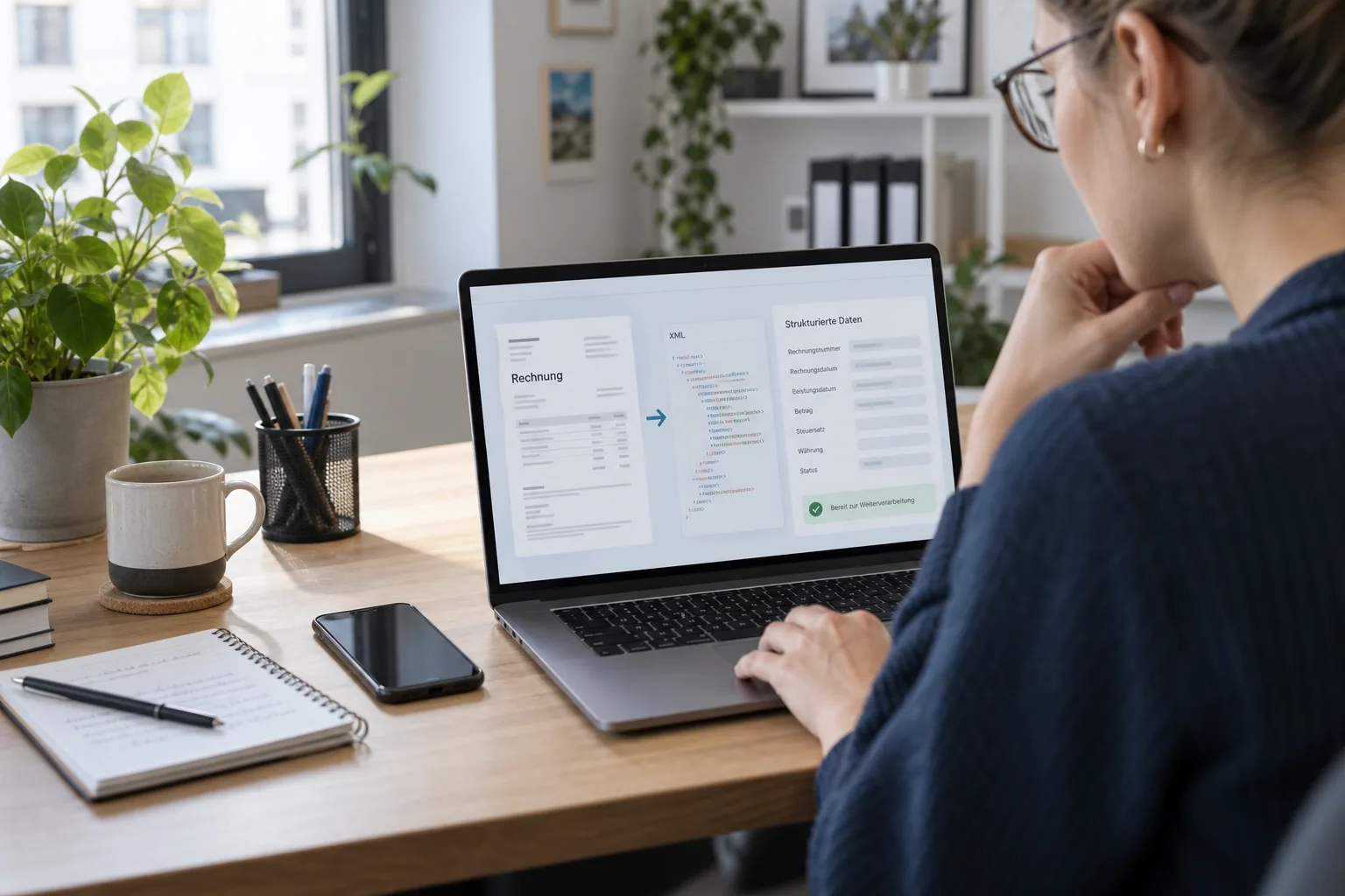 Selbstständige prüft eine strukturierte E-Rechnung am Laptop